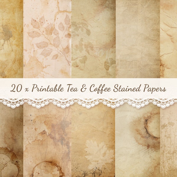 20 x Printable Tea Stain Papers, Coffee Dyed Paper Style, Shabby Vintage Tea Dyed Junk Journal Pages, Tea Dyed Scrapbook Paper, 8.5x11" & A4