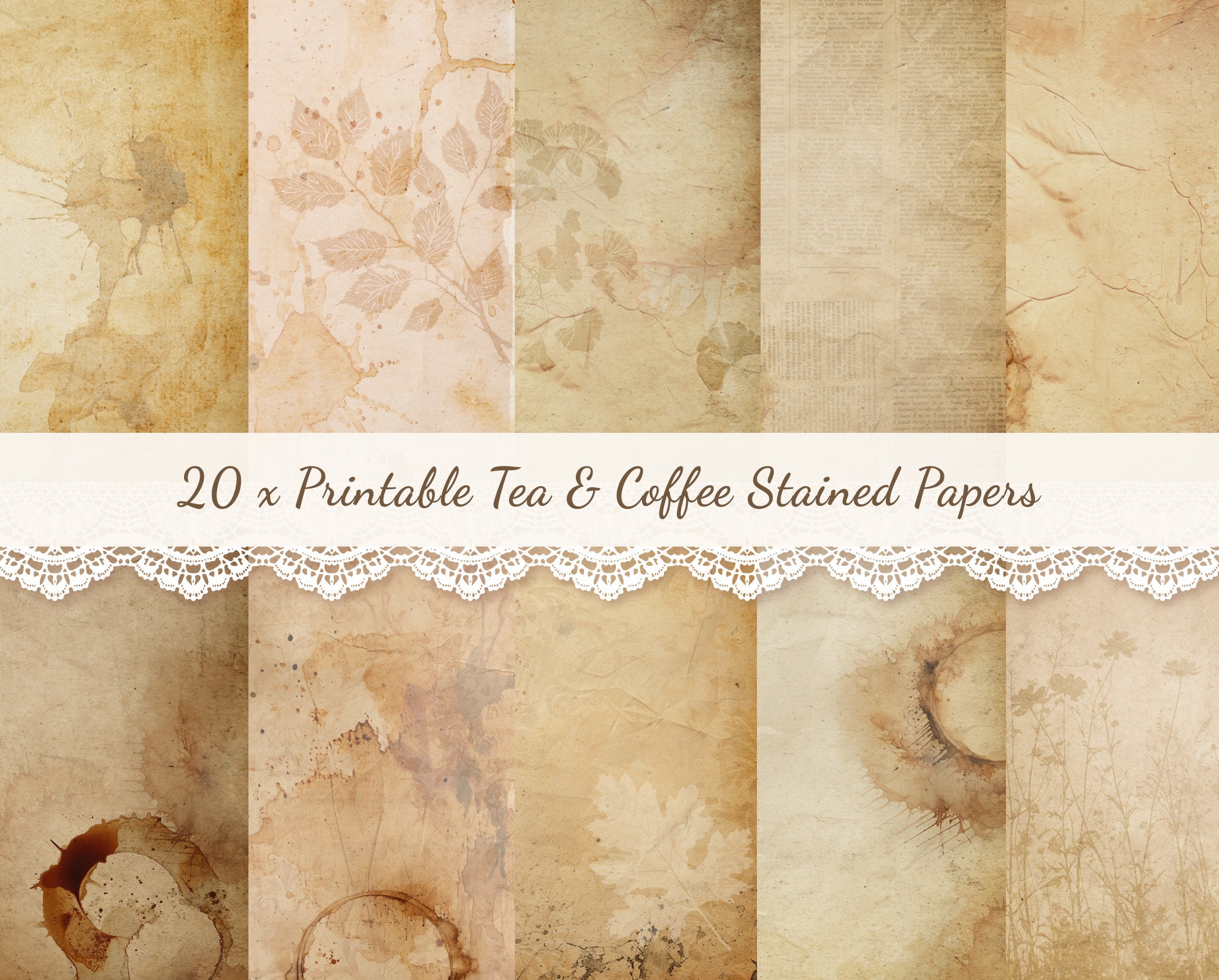 Aged Paper, Old Vintage Printable Paper Pack, Coffee Dyed, Tea Stained,  Junk Journal Paper, Antique, Scrapbook, Collage, Digital Download 