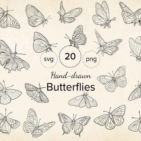 20 Hand-drawn Butterfly SVG Clipart, Butterflies Moths Vector Clipart, Junk Journal, Wedding, Cricut, Tattoo, Wall Art Print Sublimation POD