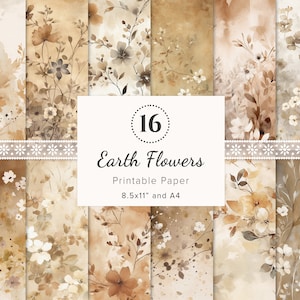 16 x florale digitale Papiere, Erdpalette Blumen Scrapbook Ephemera, braune Blumentapete, Journal-Hintergrund, Kartengestaltung, 8,5 x 11", A4