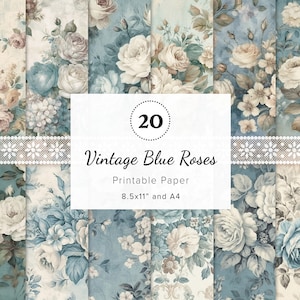 20 x Vintage Shabby Blue Rose Digitale Papers, Blauwe Bloemen Ephemera, Rose Junk Journal Pagina's, Rose Scrapbooking, Afdrukbare 8.5x11" en A4