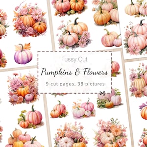 Fussy Cut Fall Pumpkins & Flowers, Fall Junk Journal Ephemera, Scrapbook Collage Sheets, Add-on Kit, Autumn Scrapbook Cut Files, Card Making