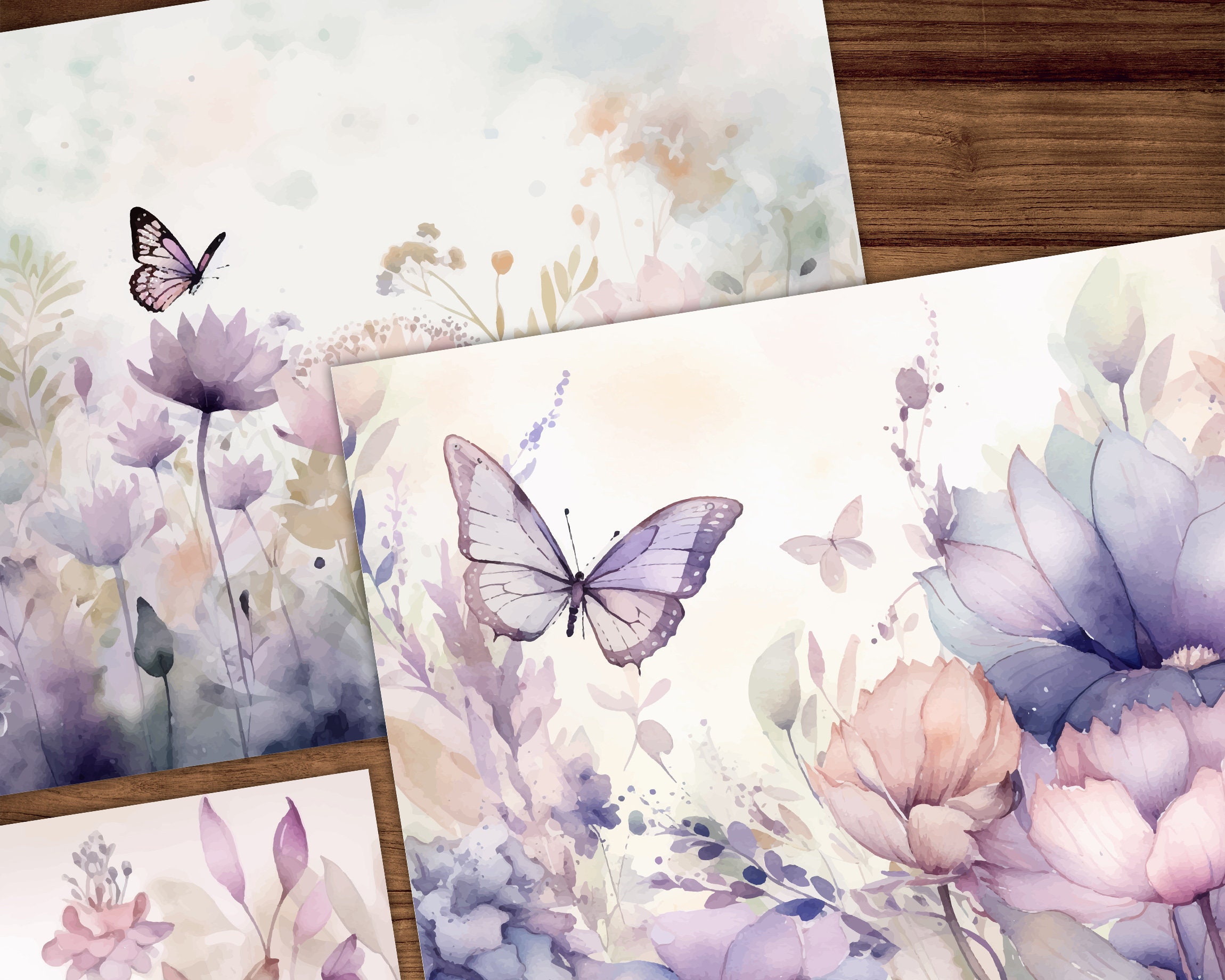 16 X Purple Garden Digital Paper "evenfall", Butterfly Floral Ephemera ...