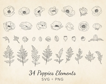 34 Hand-drawn Poppy SVG Elements, PNG Poppies Vector Flower Line-Art, Wedding, Branding, Sublimation POD, Art Print, Commercial Use