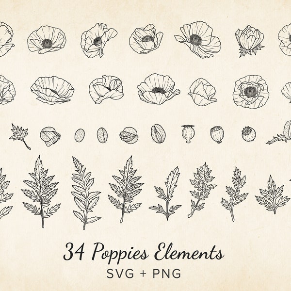 34 Hand-drawn Poppy SVG Elements, PNG Poppies Vector Flower Line-Art, Wedding, Branding, Sublimation POD, Art Print, Commercial Use