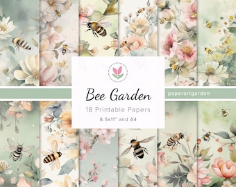 Bee Printable Papers, Bees Junk Journal Background, Scrapbook Bee Garden, Bee Digital Papers, Flower Garden & Bee Ephemera, Bee Journal Page