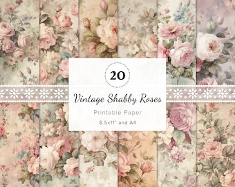 20 x Vintage Shabby Rose Digital Papers, Watercolor Floral Ephemera, Junk Journal, Scrapbooking, Card Making, Printable 8.5x11" and A4