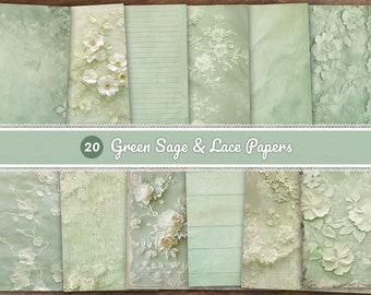 Sage Green & Lace Papers, Green Lace Ephemera, Green Junk Journal, Vintage Sage Journal Pages, Pastel Green Scrapbook Papers, 8.5x11" A4