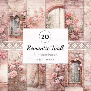 20 x Romantic Rose Wall Printable Papers, Valentine Journal Pages, Vintage Rose Scrapbook Background, Shabby Brick Rose Ephemera, 8.5x11" A4