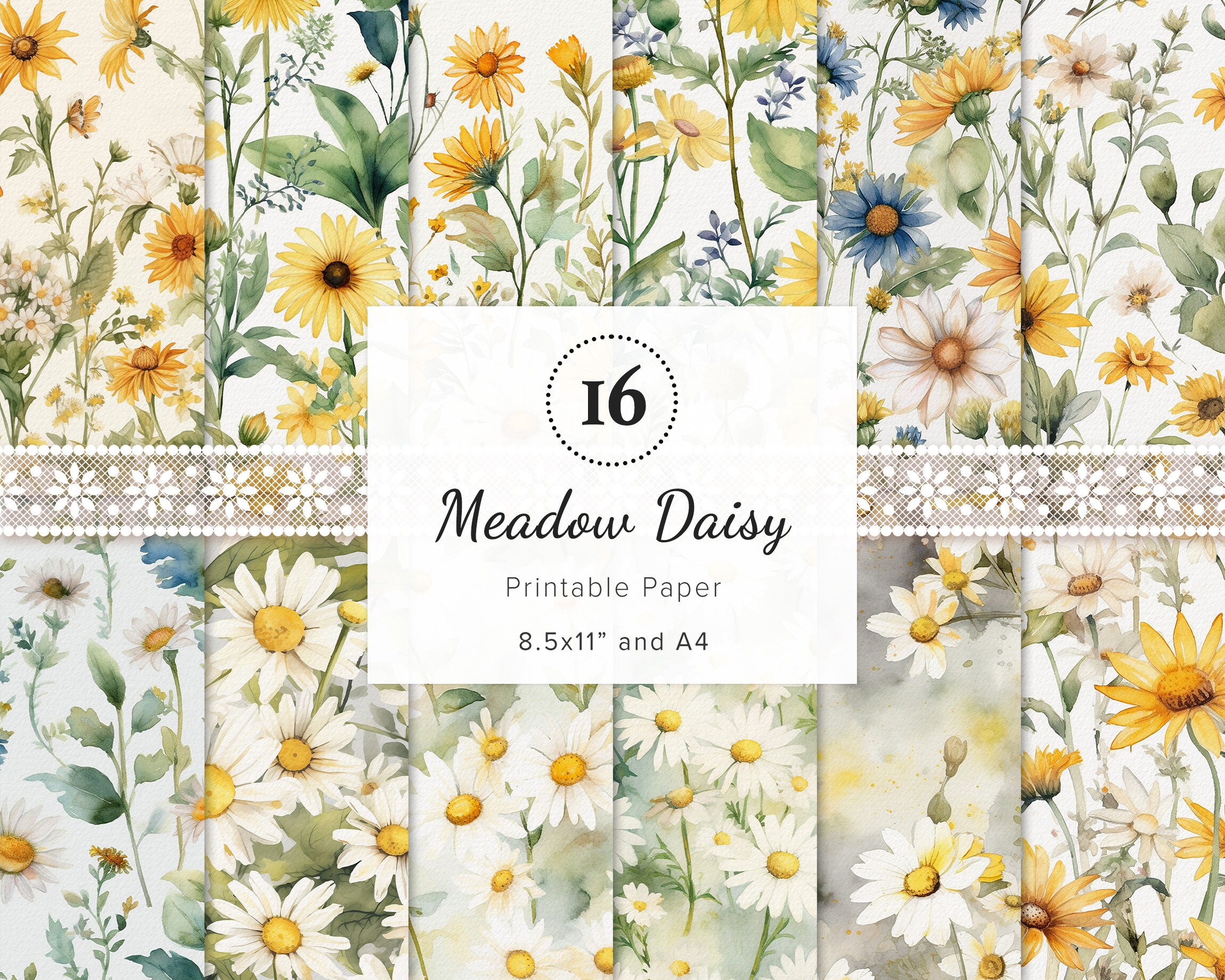 16 X Meadow Daisy Floral Printable Scrapbook Paper, Sunflowers Digital ...