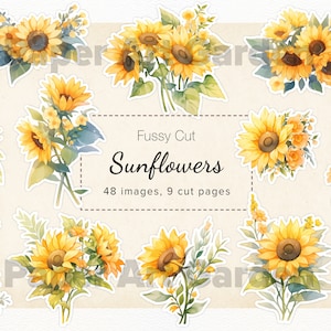 Sunflower Fussy Cut, Sunflowers Collage Sheet, Junk Journal Sunflower Scrapbook, Printable Sunflower Stickers Ephemera Embellishment 11x8.5"