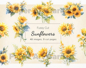 Sunflower Fussy Cut, Sunflowers Collage Sheet, Junk Journal Sunflower Scrapbook, Printable Sunflower Stickers Ephemera Embellishment 11x8.5"