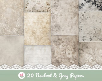 20 x Printable Neutral & Grey Old Papers, Tea Stained Paper Style, Vintage Junk Journal Pages, Scrapbook Paper, Notebook Pages 8.5x11", A4