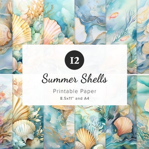 12 bellissime carte digitali con conchiglie estive, motivo spiaggia e oceano, carta stampabile ad acquerello, diario spazzatura, sublimazione, 8,5x11" e A4