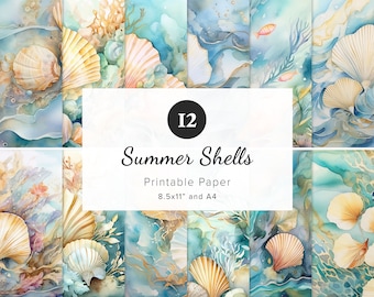 12 Beautiful Summer Sea Shells Digital Papers, Beach & Ocean Pattern, Watercolor Printable Paper, Junk Journal, Sublimation, 8.5x11" and A4