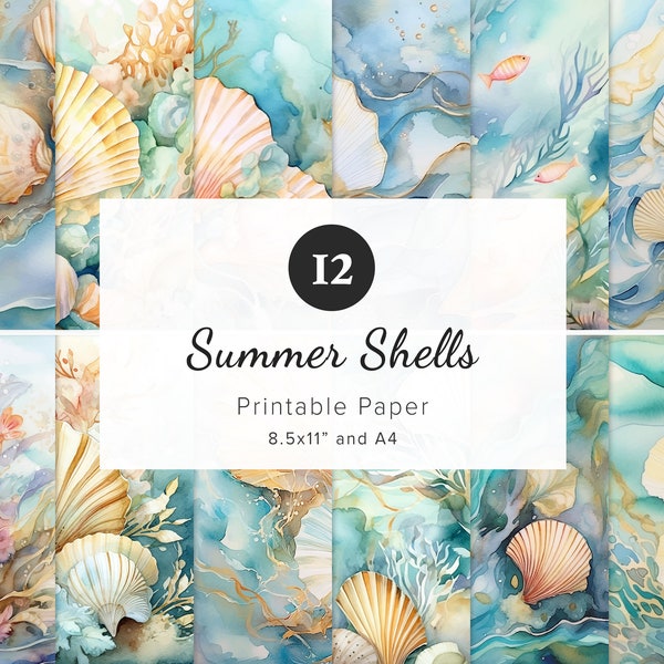 12 Beautiful Summer Sea Shells Digital Papers, Beach & Ocean Pattern, Watercolor Printable Paper, Junk Journal, Sublimation, 8.5x11" and A4