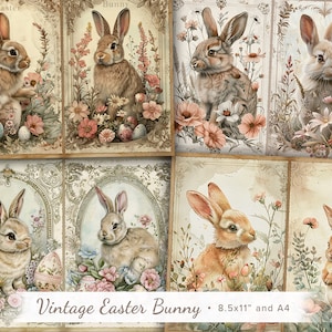 Vintage Easter Bunny Journal Pages, Easter Scrapbook Ephemera, Rabbit Junk Journal Background, Shabby Easter Flowers Card, 8.5x11&quot;, A4