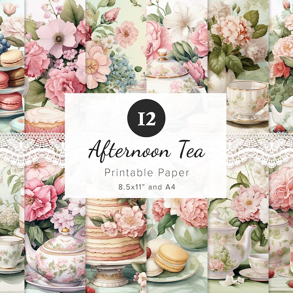 12 x Vintage Afternoon Tea Digital Paper, Ephemera, Printable Watercolor Floral Papers, Junk Journal, Scrapbook, Card Making, 8.5x11" & A4