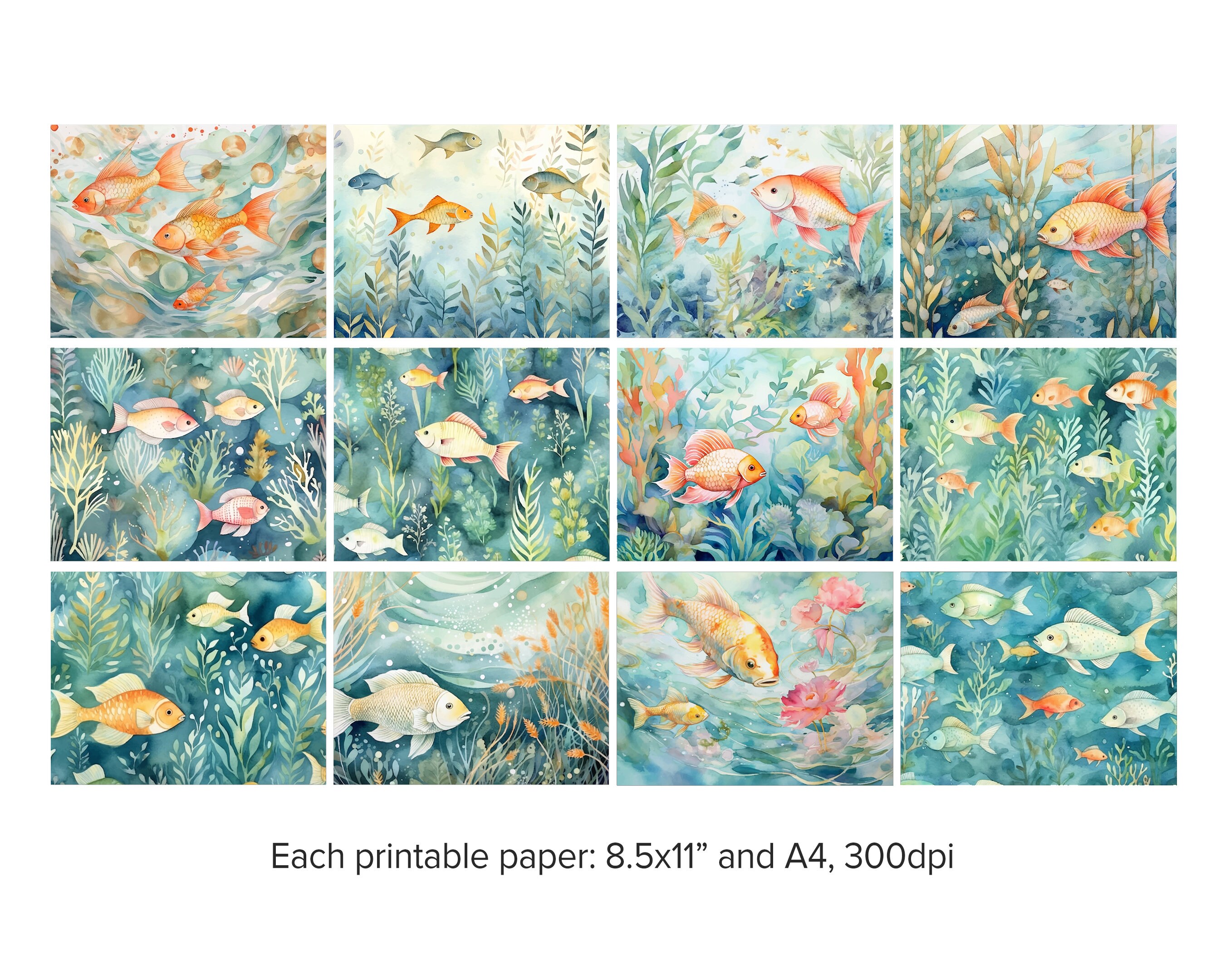 12 Underwater Fish Digital Papers, Ocean & Lake Patterns, Watercolor ...
