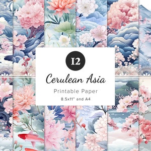 12 Floral Digital Papers, Cerulean Asia Printable Junk Journal Ephemera, Asian Pattern Inspired Scrapbook Background, 8.5x11&quot; and A4