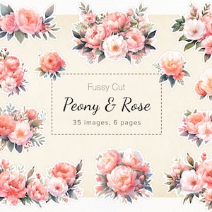 Fussy Cuts Blume, Junk Journal Ephemera, Scrapbook Aquarell Pfingstrose & Rose digitaler Download, bedruckbare Aufkleber Clipart, 11x8.5", A4