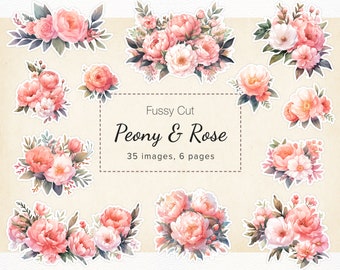 Fussy Cuts Flower, Junk Journal Ephemera, Scrapbook Watercolor Peony & Rose Digital Download, Printable Stickers Clipart, 11x8.5&quot;, A4