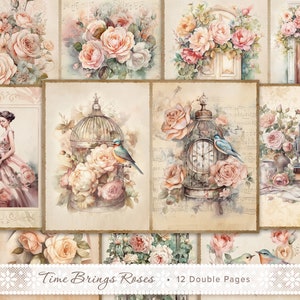 12 x Vintage dubbele dagboekpagina's "Time Brings Roses", Scrapbook Ephemera, Junk Journal Achtergrond, Rose Collage Kit Shabby Chic 8.5x11", A4