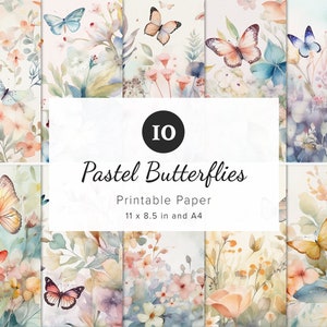10 Pastell-Schmetterlings- und Blumenpapiere, florale Medley-Muster, bedruckbares Papier, Junk Journal, Scrapbook, Sublimation, Hochzeit, 11x8,5", A4