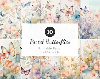 10 Pastel Butterflies & Flowers Papers, Floral Medley Patterns, Printable Paper, Junk Journal, Scrapbook, Sublimation, Wedding, 11x8.5", A4