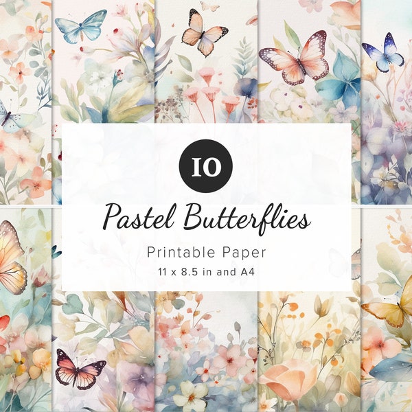 10 Pastel Butterflies & Flowers Papers, Floral Medley Patterns, Printable Paper, Junk Journal, Scrapbook, Sublimation, Wedding, 11x8.5", A4