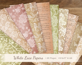 20 x Delicate Lace Pattern Tea Dyed Papers, Vintage Old Paper Style, Vintage Junk Journal Pages, Lace Scrapbook Paper, 8.5x11", A4, Portrait