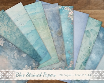 Printable Faded Blue Stained Old Papers, Blue Ephemera, Sea Junk Journal, Vintage Ocean Journal Pages, Scrapbook Papers, 8.5x11" & A4