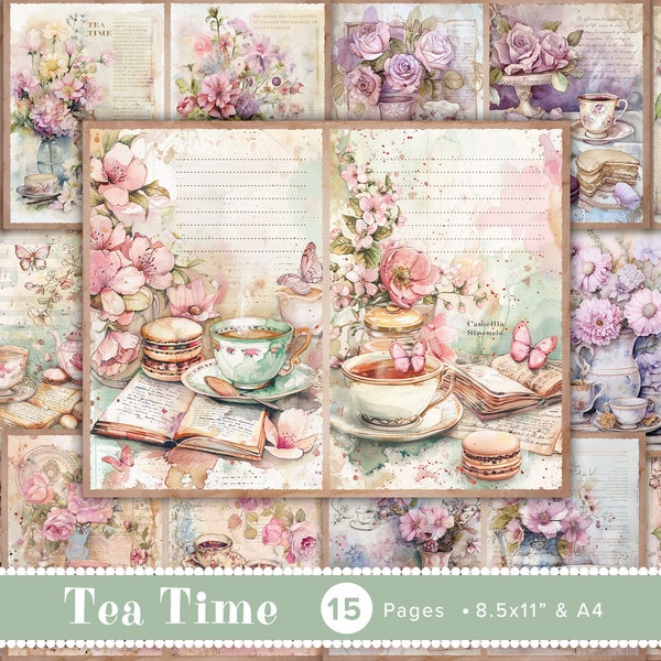 15 x Vintage Tea Double Journal Pages, Afternoon Tea Scrapbook Ephemera, Tea Junk Journal Background, Tea Digital Papers 8.5x11" and A4