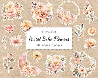 Fussy Cuts Flower, Gold Pastel Boho, Junk Journal Ephemera Scrapbook, Card Making, Watercolor Rose Lily Peony Printable Stickers, 8.5x11, A4