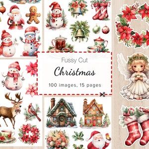 Tagli natalizi, fogli di collage natalizi stampabili, effimeri natalizi, album di ritagli di Natale, diario spazzatura di Natale, adesivi Noel
