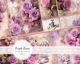 8 x Pink Purple Rose Double Journal Pages, Scrapbook Ephemera, Floral Digital Papers, Junk Journal Background, Shabby Chic, 8.5x11"