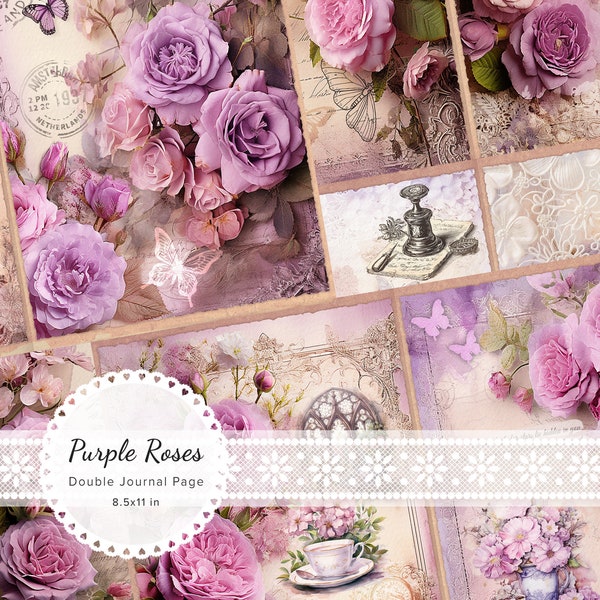 8 x Pink Purple Rose Double Journal Pages, Scrapbook Ephemera, Floral Digital Papers, Junk Journal Background, Shabby Chic, 8.5x11"