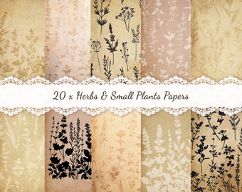 20 x Printable Tea Stain Papers, Herbs, Small Plants Patterns, Coffee Dyed Paper Style, Vintage Tea Dyed Junk Journal Pages, 8.5x11" & A4