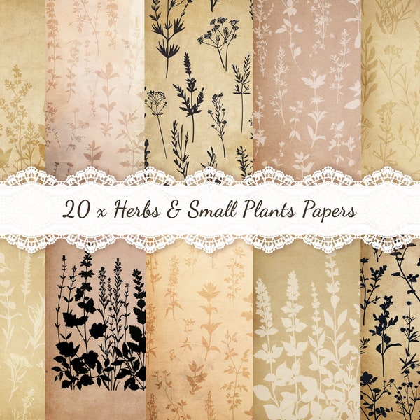 20 x Printable Tea Stain Papers, Herbs, Small Plants Patterns, Coffee Dyed Paper Style, Vintage Tea Dyed Junk Journal Pages, 8.5x11" & A4