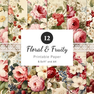 12 x Vintage Floral Digital Papers, Watercolor Flowers Fruits Wallpaper, Junk Journal, Scrapbooking, Card Making, 8.5x11&quot; & A4