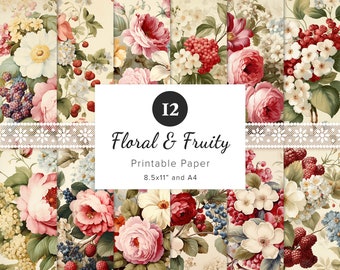 12 x Vintage Floral Digital Papers, Watercolor Flowers Fruits Wallpaper, Junk Journal, Scrapbooking, Card Making, 8.5x11" & A4