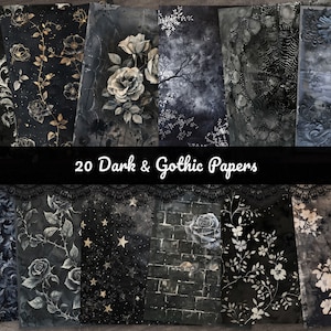 20 x Dark Tone Papers, Printable Gothic Ephemera, Black Ink Dyed Paper Style, Mystery Night Junk Journal Pages, Gothic Scrapbook 8.5x11&quot;, A4