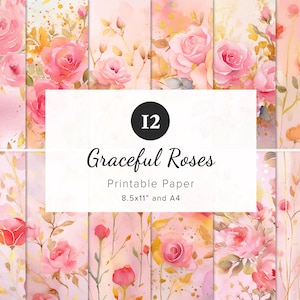 12 digitale Papiere mit Aquarell Rosen, florales Medley-Muster, bedruckbares Origami-Papier, Junk-Journal, Kartenherstellung, Sublimationsdruck, 8,5 x 11 "und A4