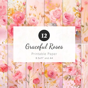 12 Watercolor Roses Digital Papers, Floral Medley Pattern, Printable Origami Paper, Junk Journal, Card Making, Sublimation, 8.5x11" and A4