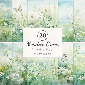 20 x Grüne Wiese Digitales Papier, beruhigendes bedruckbares Blumenpapier, Grassland Junk Journal, Meadow Scrapbook Ephemera, friedliche Szene 8,5x11 A4
