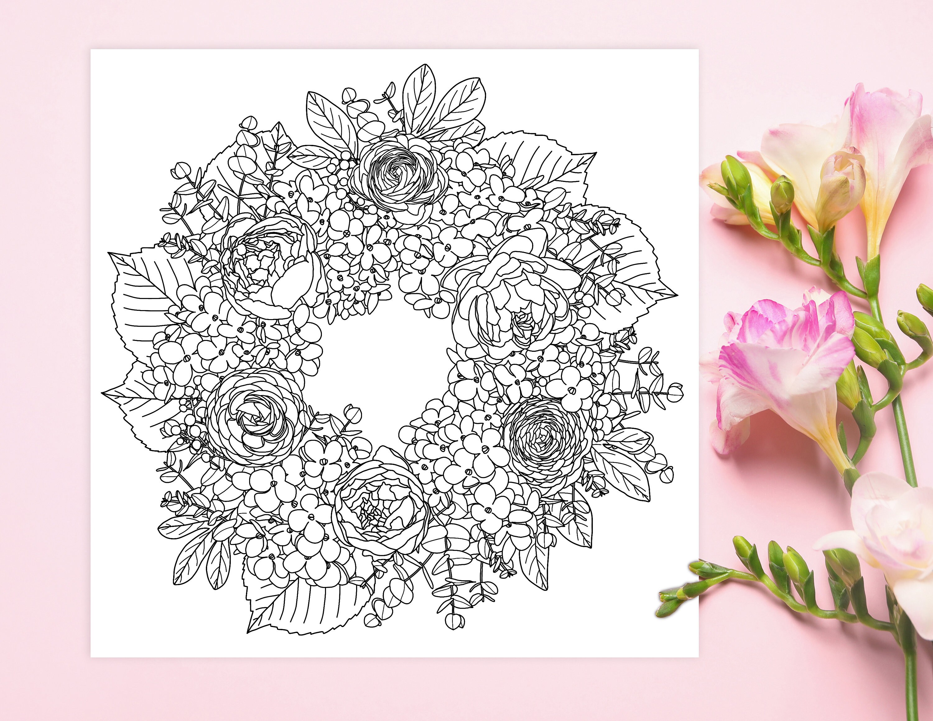 hydrangea rose ranunculus wreath coloring page relaxing etsy