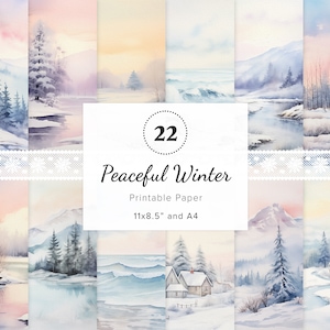 22 x Peaceful Winter Landscape Digital Papers, Winter Junk Journal Background, Scrapbook Winter Ephemera, Winter Card Crafting 11x8.5", A4
