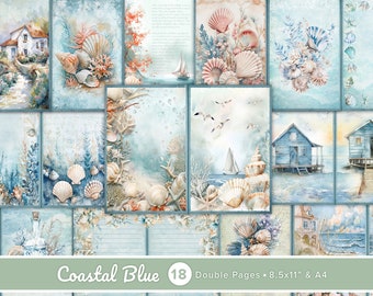 Coastal Blue Double Journal Pages, Coastal Journal, Ocean Scrapbook Ephemera, Seashells Junk Journal, Seaside Digital Papers, Beach Ephemera
