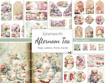 Vintage Afternoon Tea Ephemera Kit, Tea Tags, Tea Labels, Tea Embellishment, Junk Journal Folio, Afternoon Tea Scrapbook, Tea Card Making