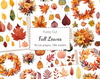 Fussy Cuts Fall Leaves, Printable Junk Journal Ephemera, Autumn Leaf Scrapbook Cut Files, Card Making, Fall Foliage Collage Sheet, 11x8.5"